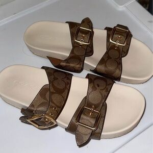 Coach Tan and Brown Buckle Sandals